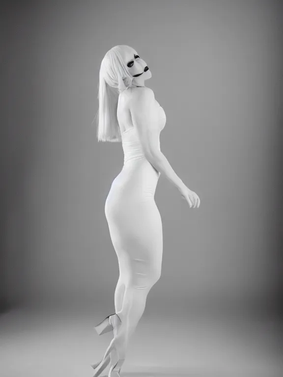 Prompt: studio photo of gorgeous seductive tall emily skinner cosplaying annie leonhart wearing tight white wet dress, in a white room, beautiful face, pale skin, rule of thirds, cinematic lighting, sharp focus, backlit, stunning, smooth, hard focus, full body shot