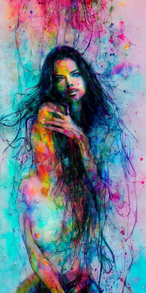 Image similar to adriana lima by agnes cecile enki bilal moebius, intricated details, sitting on a stool, full body portrait, extremely luminous bright design, pastel colours, drips, autumn lights