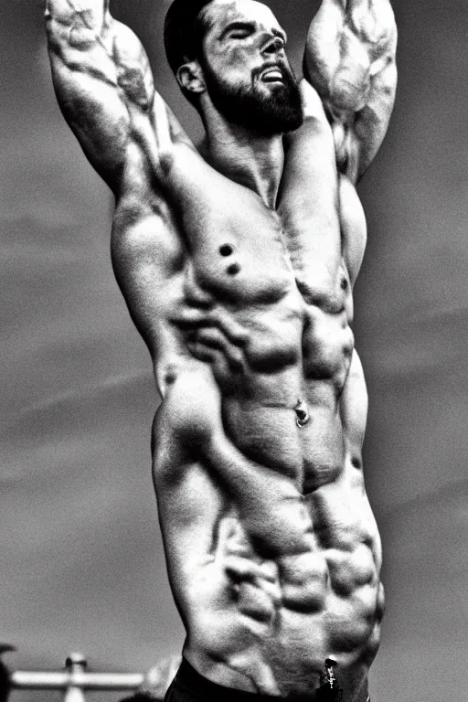 Image similar to Jesus Christ is a jacked muscle builder gigachad, grayscale photography