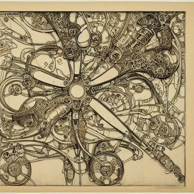 Prompt: beautiful, symmetric, art nouveau, detailed, intricate technical drawings on parchment from 1 8 4 0 with extensive written labels and covered in scribbled pencil notes in open space, for a mechanical art creation drawing robot, by ron cobb and alphonse mucha