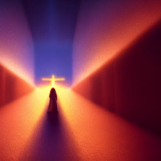 Image similar to the second coming of Jesus Christ, ascending down from heaven, Octane render, artistic, Cinema 4D, dark horror, 8k, hyperrealistic