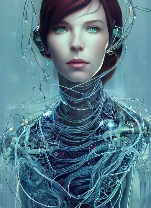 Image similar to beautiful woman, portrait, made of shapes, wires, tubes, veins, jellyfish, white bio - mechanical details, bionic cyborg implants, augments, masterpiece, intricate, biopunk, dramatic lightning, cyberpunk, by loish and makoto shinkai and lois van baarle and ilya kuvshinov and tom bagshaw and alphonse mucha
