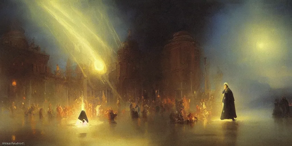 Prompt: sorcerer mage casting a spell in the middle of the city, there is light comming out of his hand, beautiful artwork detailed painting by ivan aivazovsky