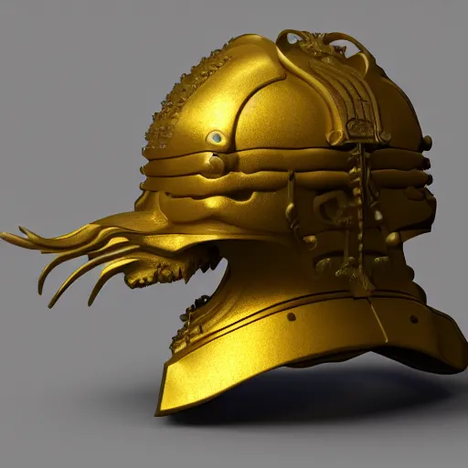 Image similar to a 3D render of a golden samurai emperor helmet sculpture, ultradetailed, 3D 4k UHD