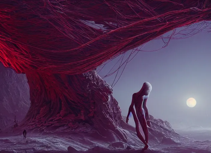 Image similar to rgb, woman looking at a giant monster, dynamic pose,, on an alien planet, movie scene, inspired by zdzislaw beksinski, clothes made out of veins,, cables everywhere, bedroom, ultra realistic, concept art, intricate details, highly detailed, photorealistic, octane render, 8 k