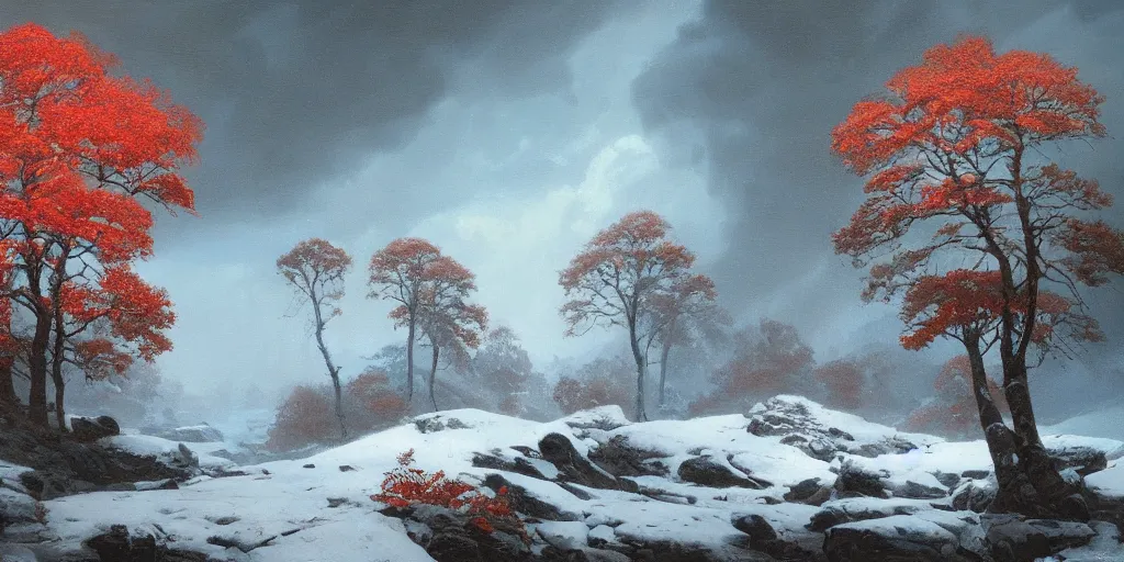 Image similar to A beautiful oil painting of a rocky valley covered in snow, trees with red leaves, thunderstorm in the sky, blue lighting, gloomy, atmospheric lighting, detailed, by greg rutkowski, trending on artstation