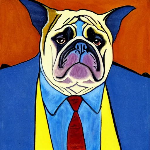 Prompt: american realist portrait of bat - eared bulldog - fish creature wearing a suit, ultramarine blue, burnt sienna and azo yellow