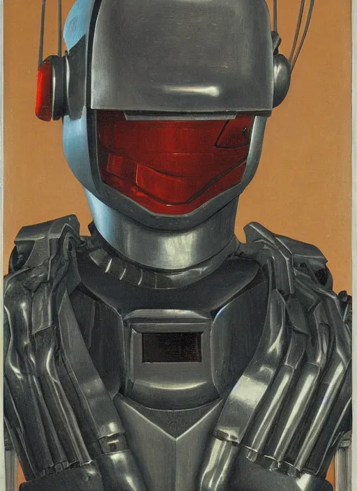 Image similar to a portrait of Robocop by Jan van Eyck