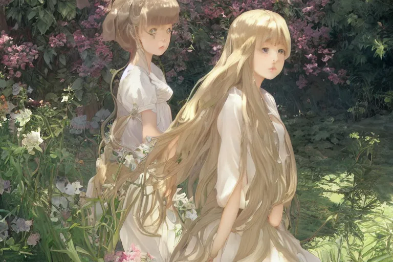 Image similar to a digital art of a loli with long hair in a dress in the privet garden at after noon, by krenz cushart and mucha and akihito yoshida and greg rutkowski and makoto shinkai, detailed eyes, 4 k resolution 、 trending on art station