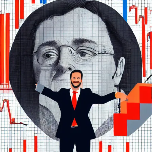 Prompt: illustration cinematic hyperrealism happy businessman behind him is a statistical graph of high profits art digital