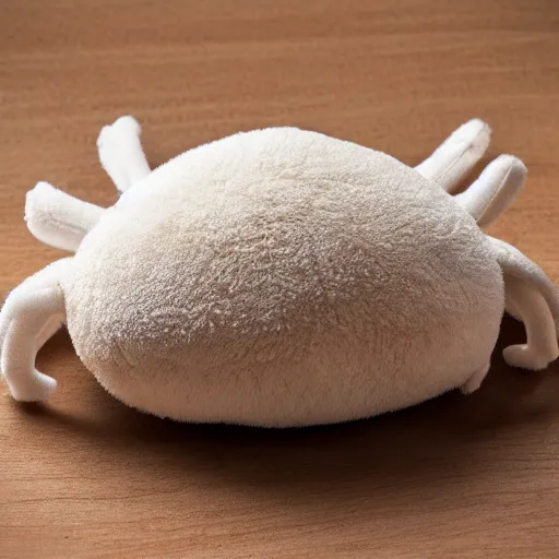 Image similar to a very soft stuffed animal in the shape of a crab, product photography