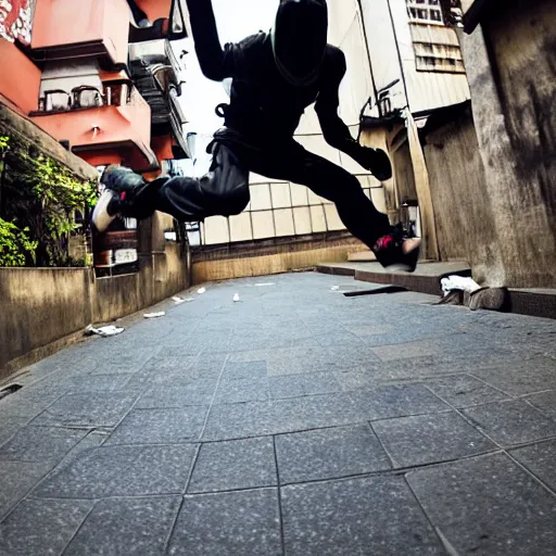 Image similar to photo of ninja running around the streets of Edo in parkour, motion blur