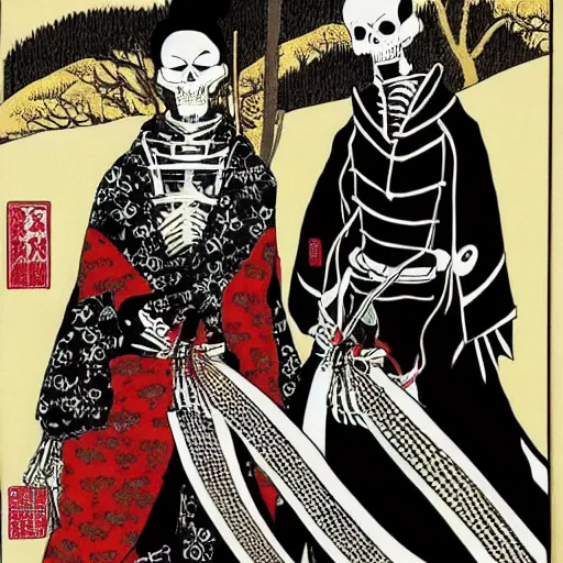 Image similar to portrait of a skeleton samurai and his beautiful Japanese wife by Toshio Saeki, high detailed