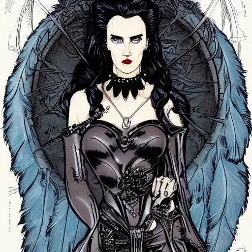 Prompt: Jennifer Connelly as dark angel gothic atompunk evil Disney villain queen with black feather hair, feathers growing out of skin, in front of space station window, Mike mignola, trending on artstation, comic book cover, illustration