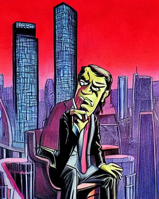 Prompt: sinister rich male antagonist in suit, skyscraper overlooking cityscape, artwork by ralph bakshi