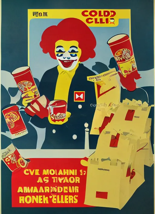 Image similar to cold war civil defense poster, for ronald mcdonald holding a tray of burgers,