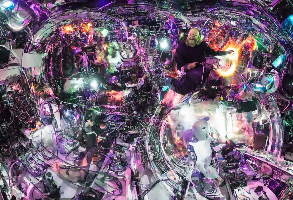 Image similar to aphex twin djing on venus full laser shiw, extreme bikeh, hdr, dancing aphex twin bears in astronaut suits, mist, insane crowds of aliens, humans in space suits, and creatures, beautiful color theory, hyperrealistic