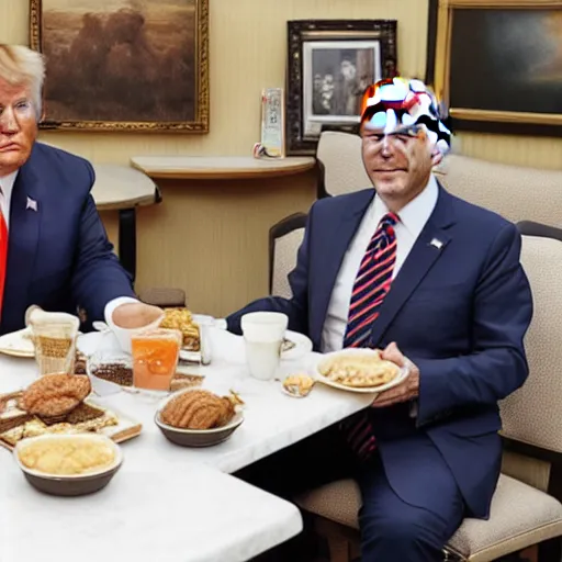 Image similar to photograph of trump and Biden sitting and eating breakfast at a Wafflehouse