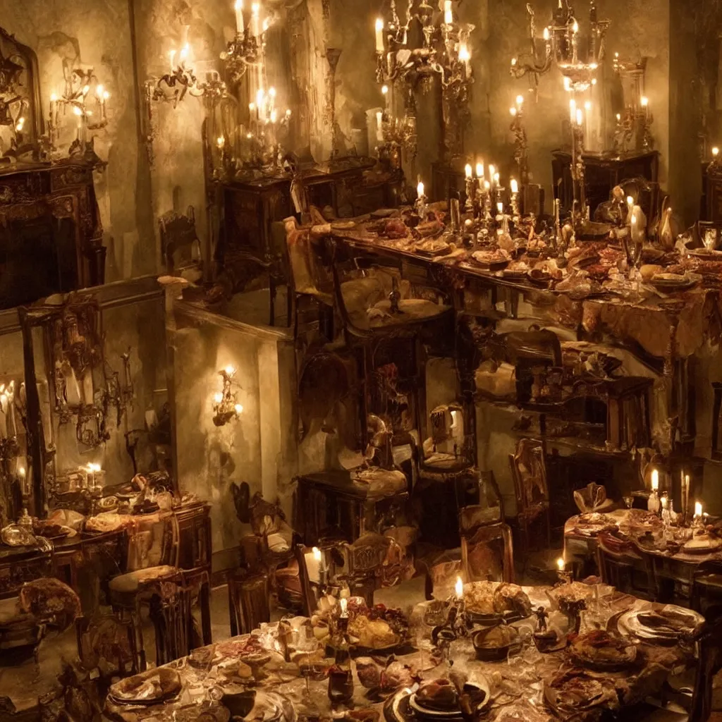 Prompt: dining room of a dark mansion, leftover food, candle lighting, realistic, highly detailed, guillermo del toro