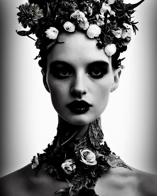 Image similar to a black and white high quality dreamy photo of a young beautiful female queen-pale dragon-vegetal-many flower-cyborg bust with a very long neck, elegant, highly detailed, poetic, soft, dreamy, mysterious, high fashion, rim light, in the style of Ellen von Unwerth, Realistic, Refined, Digital Art, Highly Detailed, Cinematic Lighting, rim light, black and white, photo-realistic, 8K