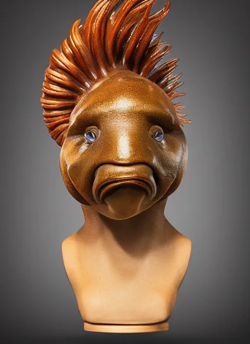 Image similar to stylised bust sculpture of an female Angler Fish, beautiful studio lighting