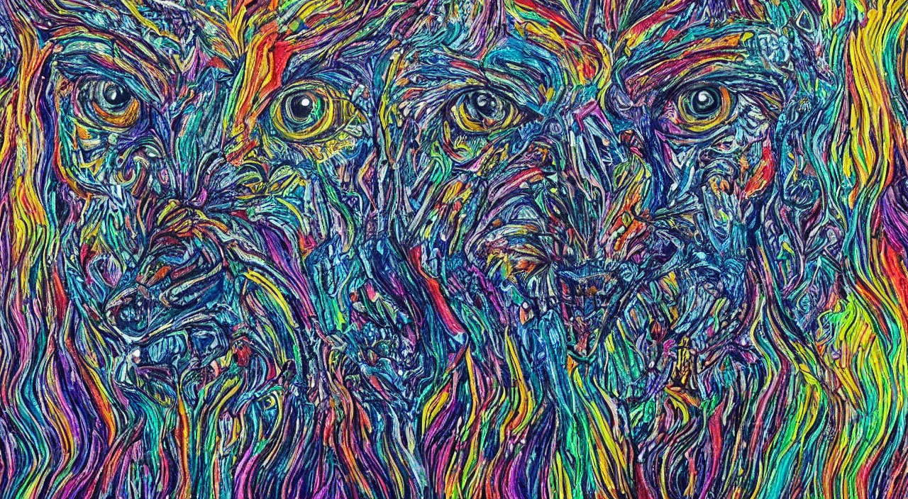 Prompt: an ultrafine detailed psychedelic painting of a werewolf made of beads and silver