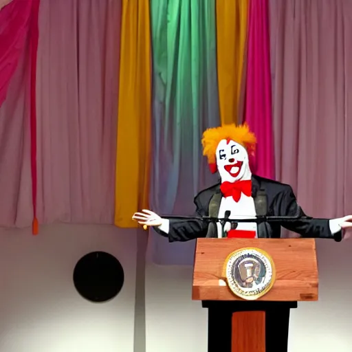 Image similar to string puppet of a president with clown makeup in a podium and a human shadow behind