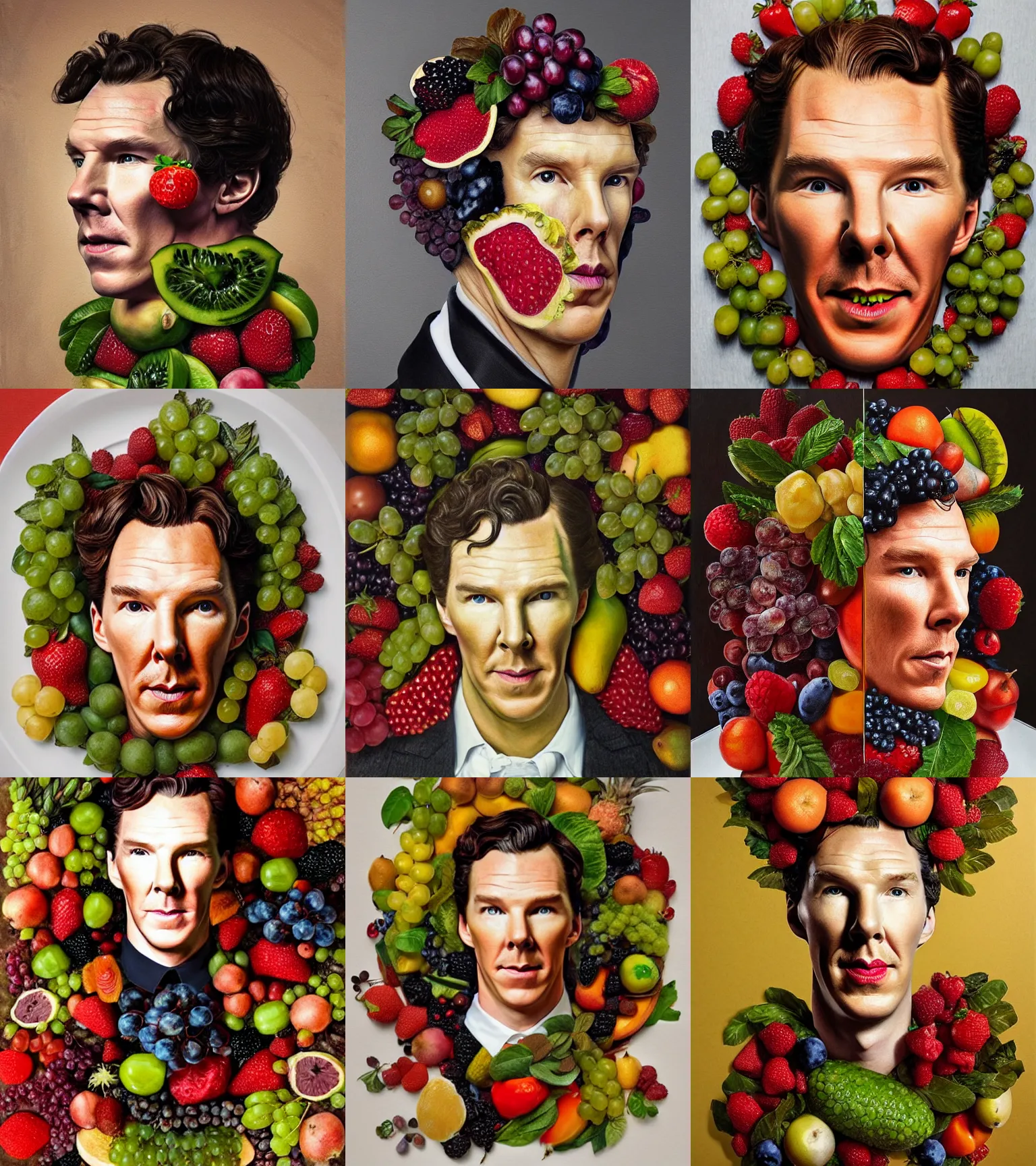 Prompt: benedict cumberbatch made entirely with fruits, oil painting by giuseppe arcimboldo