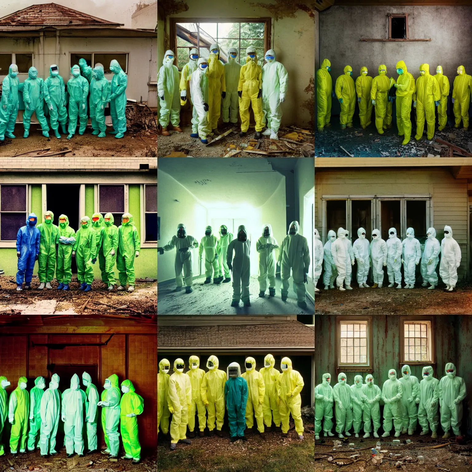 Prompt: wide - shot photo of a group of scientists in hazmat suits in front of an eldritch brilliant green dimensional portal inside an abandoned house by shaun tan, dimensional portal to another world!!!!!, codachrome, 8 k, hd, highly detailed,