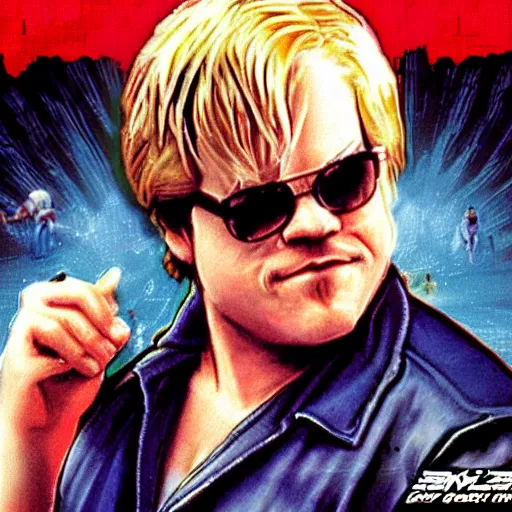 Image similar to portrait of philip seymour hoffman in double dragon video game splash screen