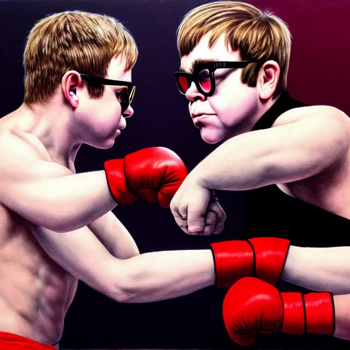 Image similar to young elton john fighting someone with his fists, realistic, very coherent, hyper realism, high detail, 8 k