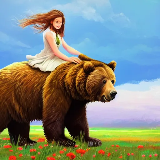 Image similar to girl riding a giant grizzly bear in a field of flowers, trending on artstation