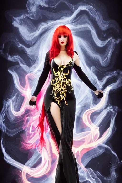 Prompt: Full body Portrait of a female elementalist, black-white skintight robes!, leggins, golden accessories, garments, fiery red hair, long straight hair, sculptured face, blue eyes, red lipstick, floating, fire/ice juxtaposition!, dual magics, extremely detailed, by frank franzzeta, WLOP, Genzoman and gary gygax, trending on artstation, artstationHD, artstationHQ, deviantart, 16K, HD, matte painting, vibrant colors