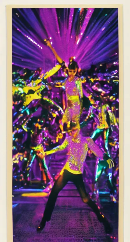 Image similar to the Antichrist dancing at Studio 54, disco, saturated color, high contrast, strobe lights, sparkles, depth of field, 1976, bad vhs