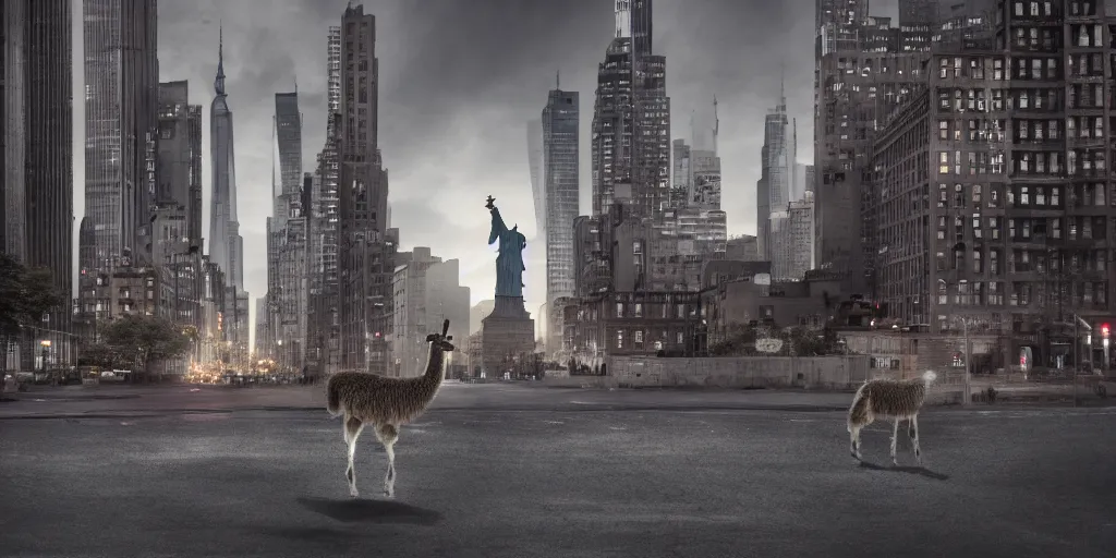 Image similar to a llama walking through a desolate manhattan city street at night, statue of liberty seen in the background, realistic 4 k octane beautifully detailed render, 4 k post - processing, highly detailed, detailed face, intricate complexity, epic composition, magical atmosphere, cinematic lighting, masterpiece, color picture, ultra hd