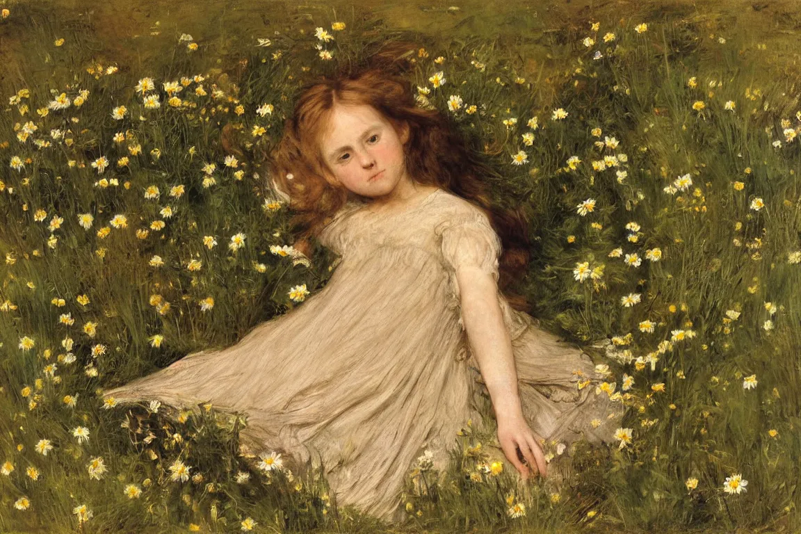 Prompt: John Everett Millais. Medium Close up of beaufiful girl horizontal in a dark shallow water. Thick forest, bushes, green and colorful. She holds Flowers in hand. Golden brown dress with playful details, light dark very long hair. Apathetic, pale, looking up. Poppies, daisies, pansies. Accurate Nature. Naturalistic strong vibrant green colors. Fine brush strokes. Mysterious and realistic.