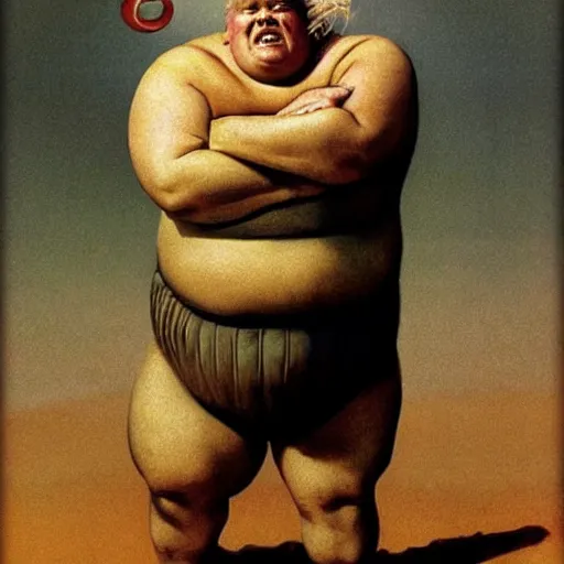 Image similar to dynamic upper body portrait of wrestler giant haystacks as baron harkonnen in 1982 movie dune, by norman rockwell and boris vallejo