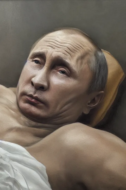 Prompt: Vladimir Putin on a death bed inhaling from a Copium tank, oil painting, highly detailed, hyper realistic, volumetric lighting