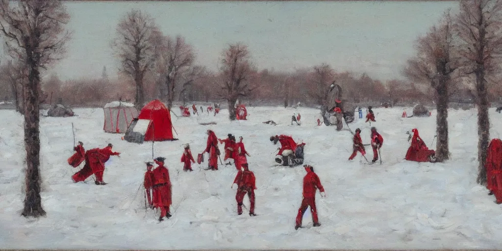 Image similar to a big circus in the snow ground, oil painting, red and white color, no people