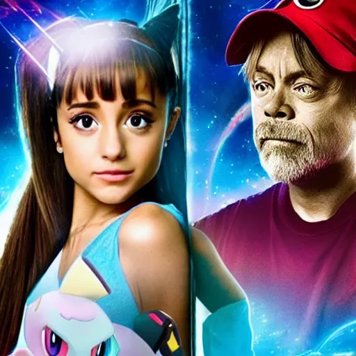 Image similar to a live action Pokemon movie poster featuring Ariana Grande and Mark Hamill