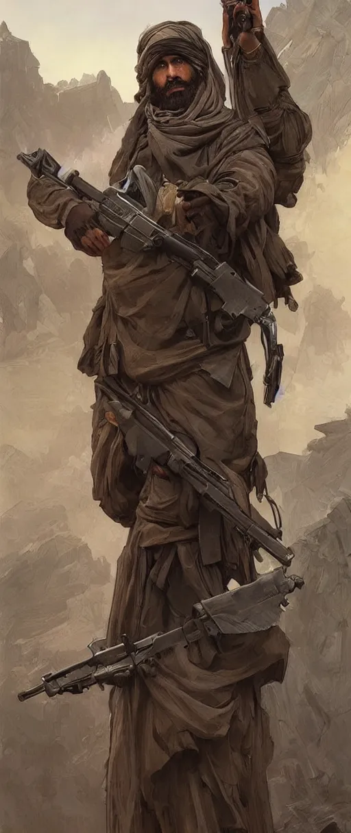 Image similar to male cottagecore taliban leader holding a kalashnikov rifle. intricate, elegant. highly detailed, digital painting, artstation, concept art, smooth, sharp, focus, illustration.. art by artgerm and greg rutkowski and alphonse mucha