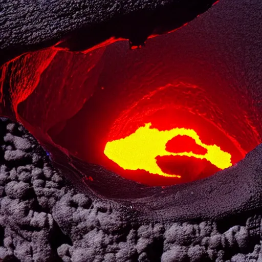 Image similar to head of kirby emerges from a lava lake, cave background, high detail, lava reflections, cave reflecting in lava lake, dramatic shot