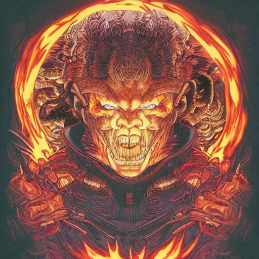 Image similar to portrait of crazy balrog with fire, symmetrical, by yoichi hatakenaka, masamune shirow, josan gonzales and dan mumford, ayami kojima, takato yamamoto, barclay shaw, karol bak, yukito kishiro