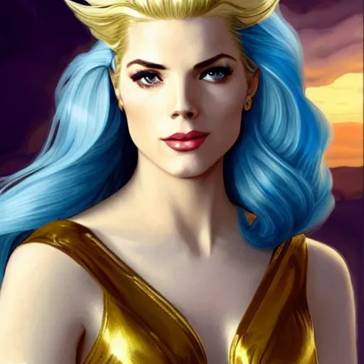 Image similar to A combination of Grace Kelly's and Katheryn Winnick's and Ashley Greene's faces with blue hair as She-Ra, western, D&D, fantasy, intricate, elegant, highly detailed, digital painting, artstation, concept art, matte, sharp focus, illustration, art by Artgerm and Greg Rutkowski and Alphonse Mucha