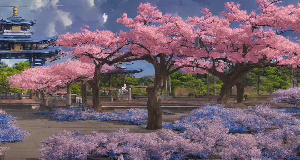 Image similar to Futuristic Japanese landscape with lots of BLUE Sakura blossoms and a temple, center composition, cinematic, rendered by simon stålenhag, rendered by Beeple, Makoto Shinkai, syd meade, environment concept, digital art, starwars, unreal engine, 3 point perspective, WLOP, trending on artstation, low level, 4K UHD image, octane render,