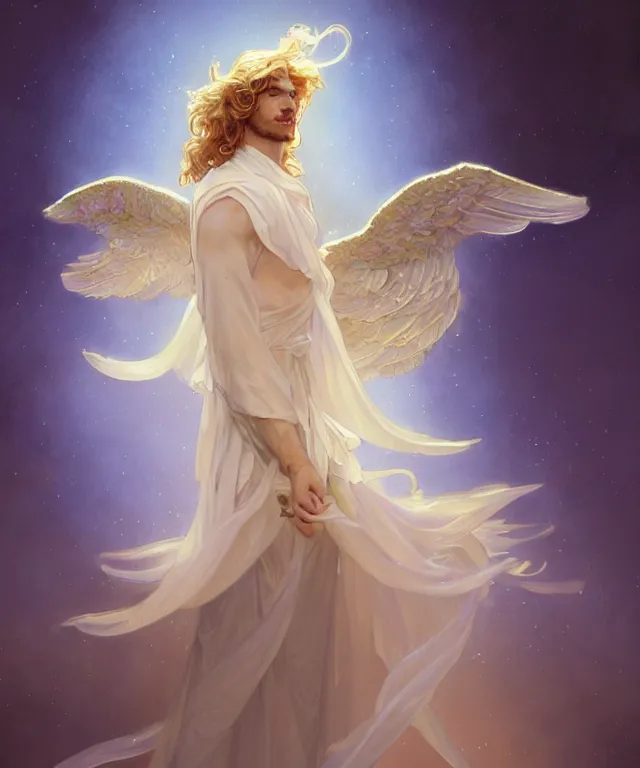 Image similar to fullbody portrait of a beautiful young fit male angel with curly blond hairs, full dressed in long fluent clothes, majestic big dove wings, luminous halo, by greg rutkowski and alphonse mucha, gradient white to gold, in front of an iridescent background, highly detailed portrait, digital painting, artstation, concept art, smooth, sharp focus illustration