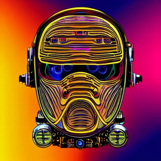 Image similar to hyperdetailed portrait of a spaced out steampunk robot head, 8 k, symetrical, flourescent, halluzinogenic, meditative, multicolored vector art, black background