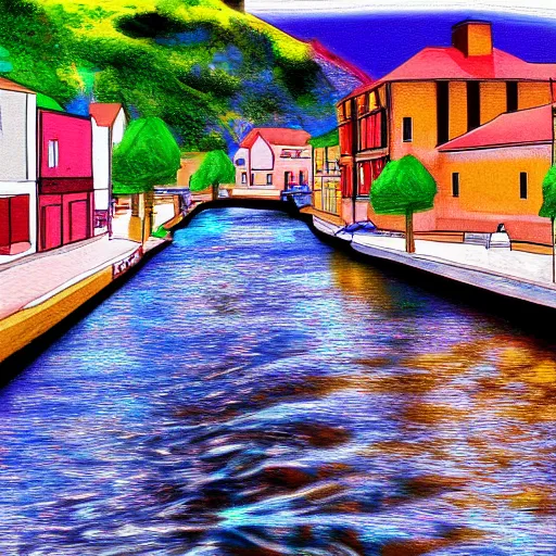 Image similar to digital art painting of a river running through a european town, very mediocre, not detailed at all.