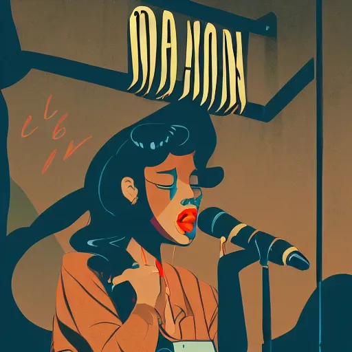 Image similar to a colorful comic noir illustration of a sad woman singing the blues in new orleans by sachin teng, dark vibes, pastel lighting, cinematic, depth of field, 8 k, high contrast