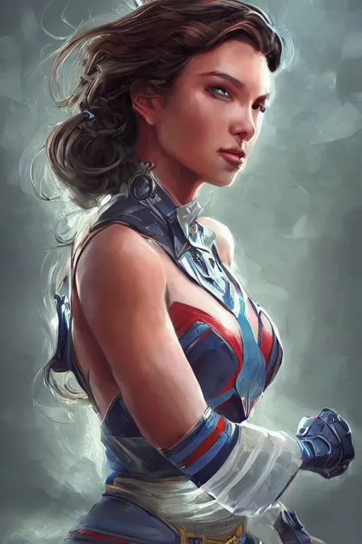 Image similar to three quarters portrait of a beautiful woman,super hero costume,heroic pose,highly detailed, digital painting,illustration, art by Stanley Lau